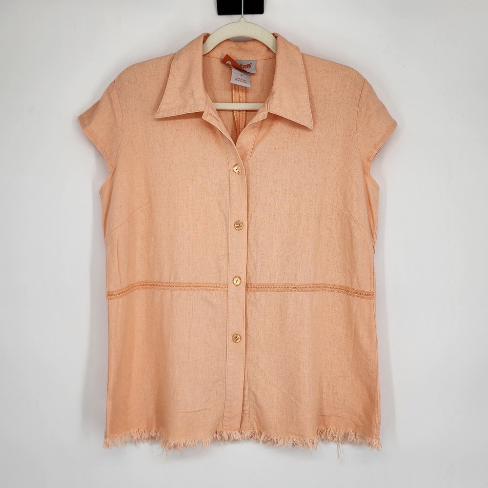 Womens Linen Blend Fringe Button Up Top Large Cottagecore Tropical Summer Beachy